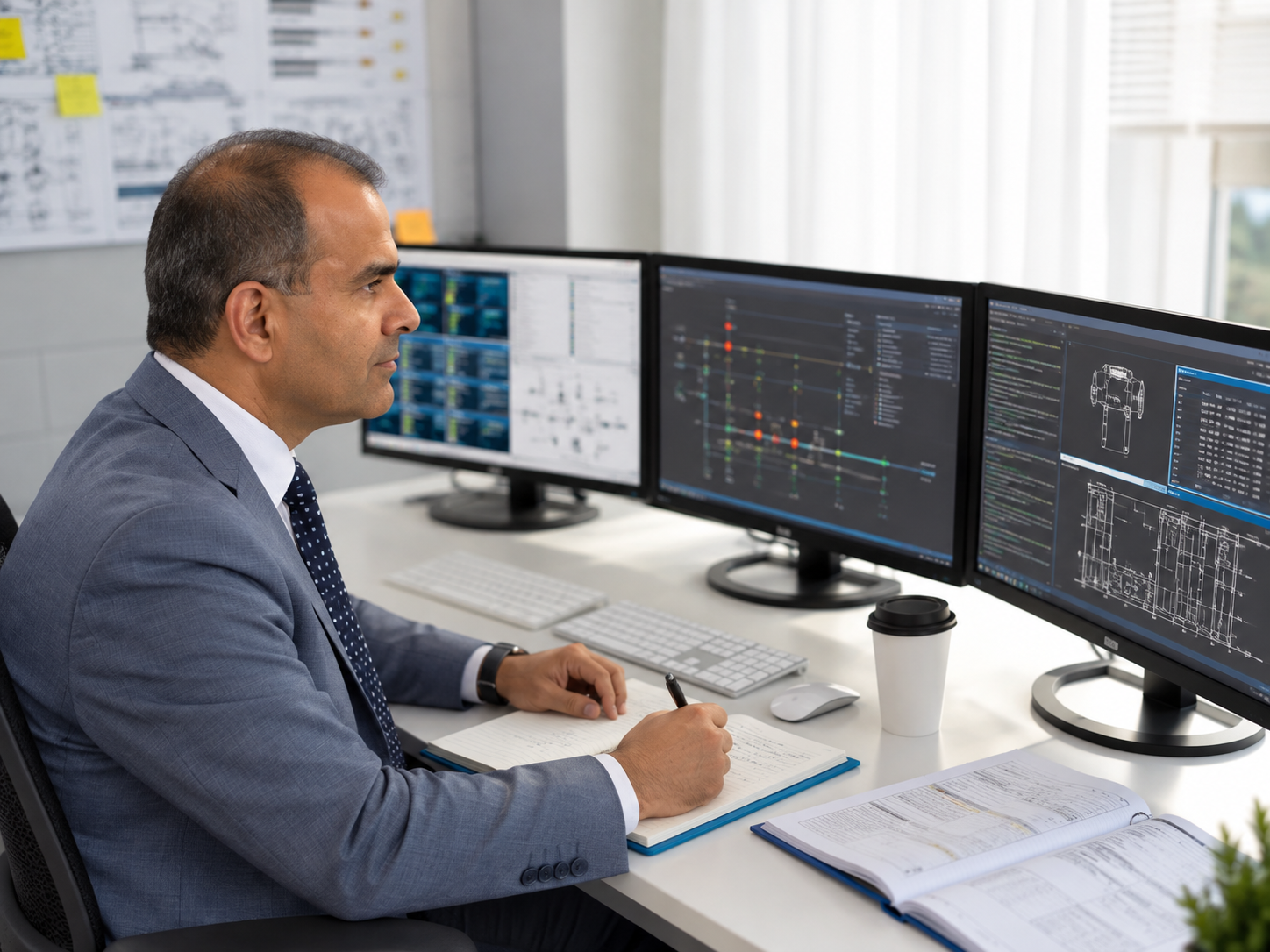 Konzentrierter Ingenieur am Monitorarbeitsplatz